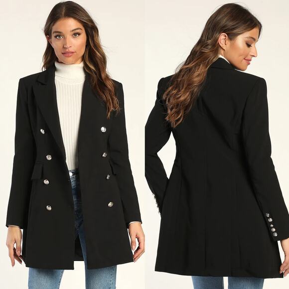 Lulus Captain's Blog Double-Breasted Notch Lapel Pea Coat Black S - Picture 1 of 10
